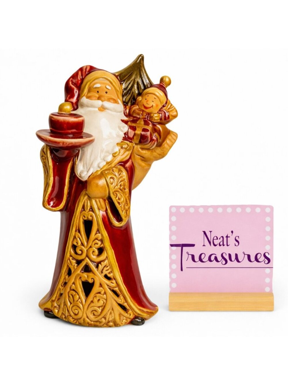 Elements CHRISTMAS SANTA CLAUSE With Baby & Gift Glazed Ceramic 9" Candle Holder